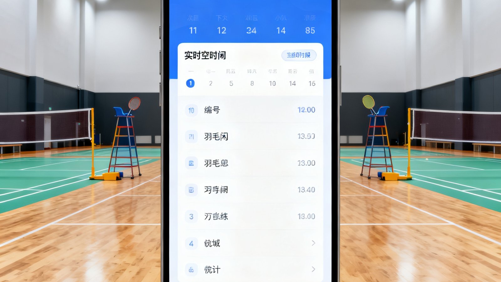 居民使用手机小程序预约社区羽毛球场地，界面显示实时空闲时段和场地编号，背景是明亮的室内羽毛球馆