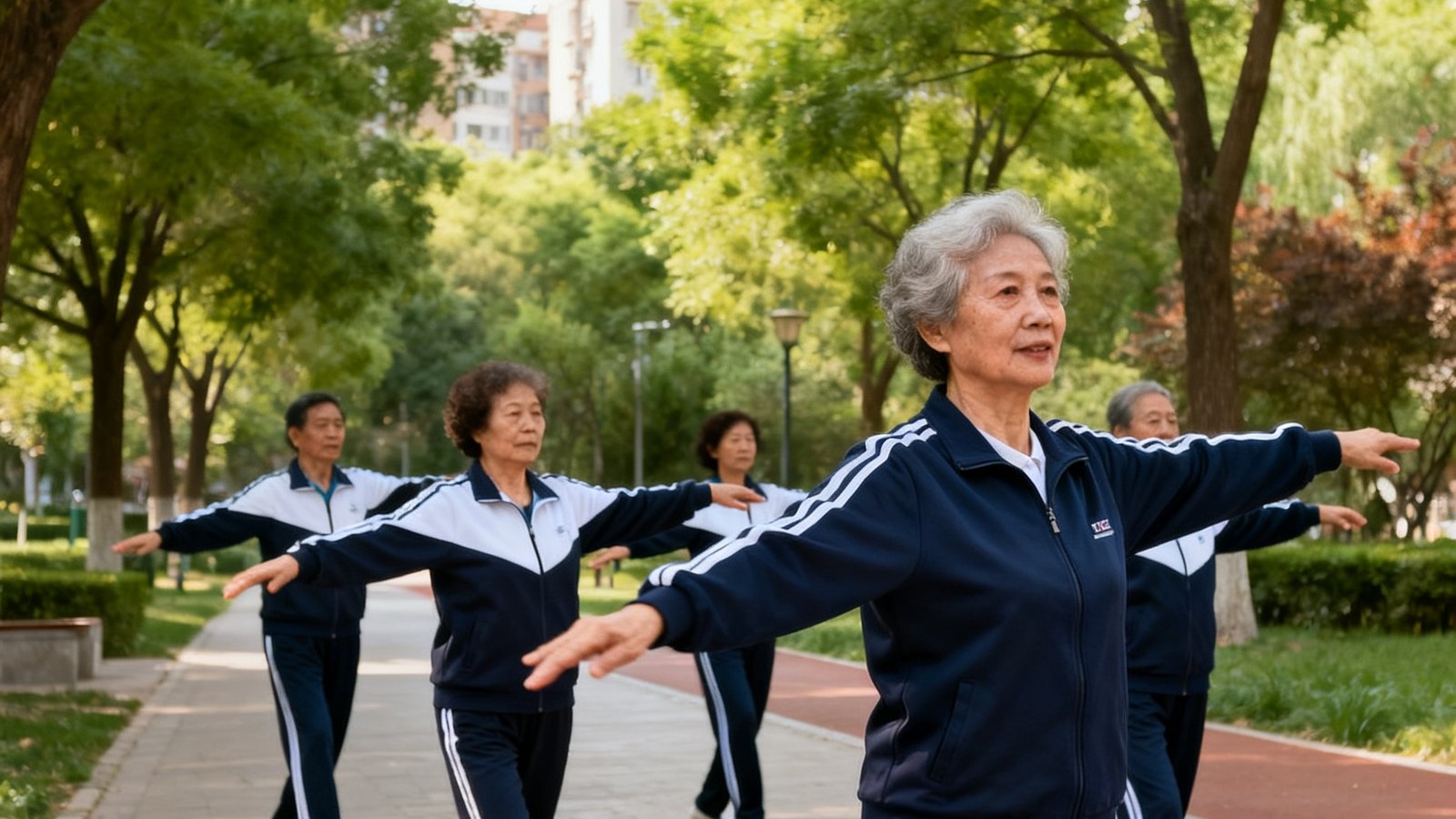 社会体育指导员在社区公园带领中老年居民做健身操，参与者穿着统一运动服，背景是绿树成荫的社区公园步道