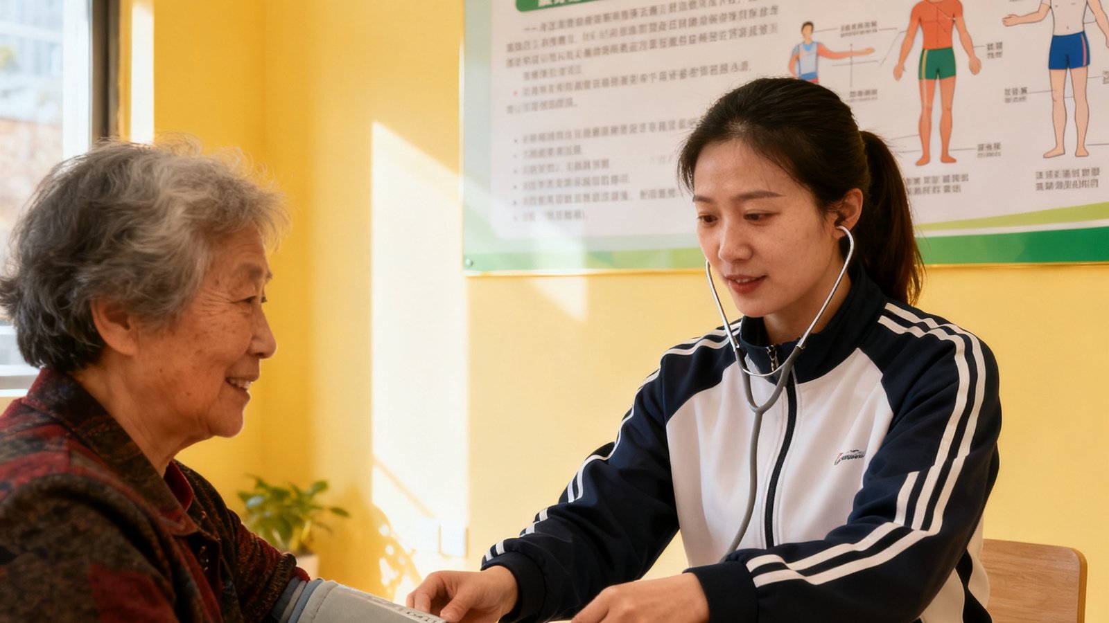 新开设的中老年健身指导站内，指导员正在为居民测量血压，背景墙上有科学健身知识展板