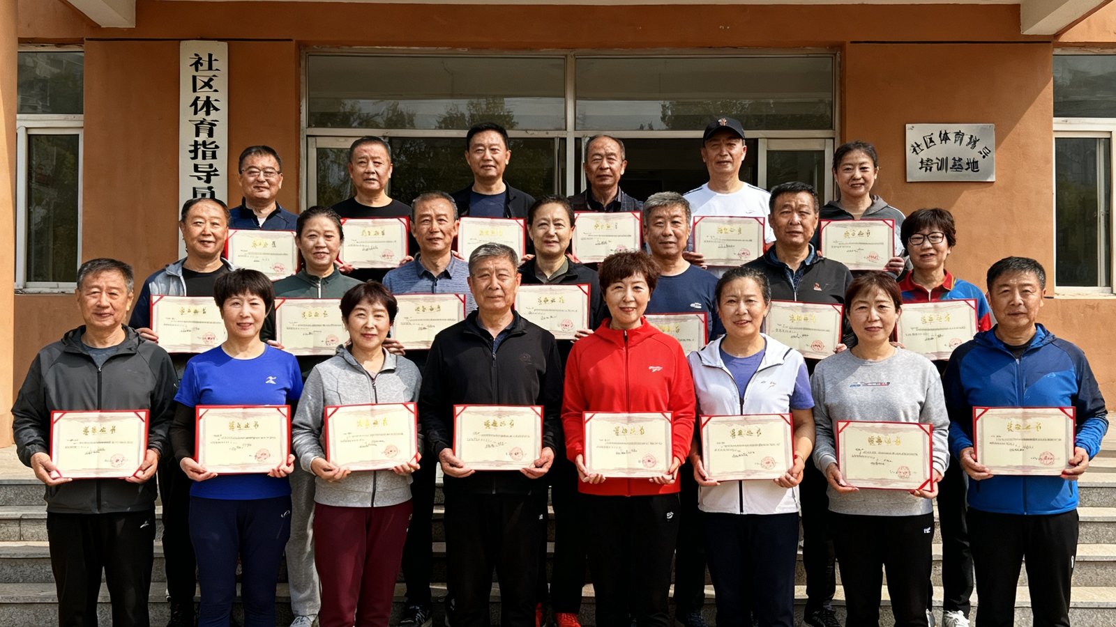 新一批社区体育指导员培训班毕业合影，42名学员手持证书站成三排，背景是培训基地教学楼